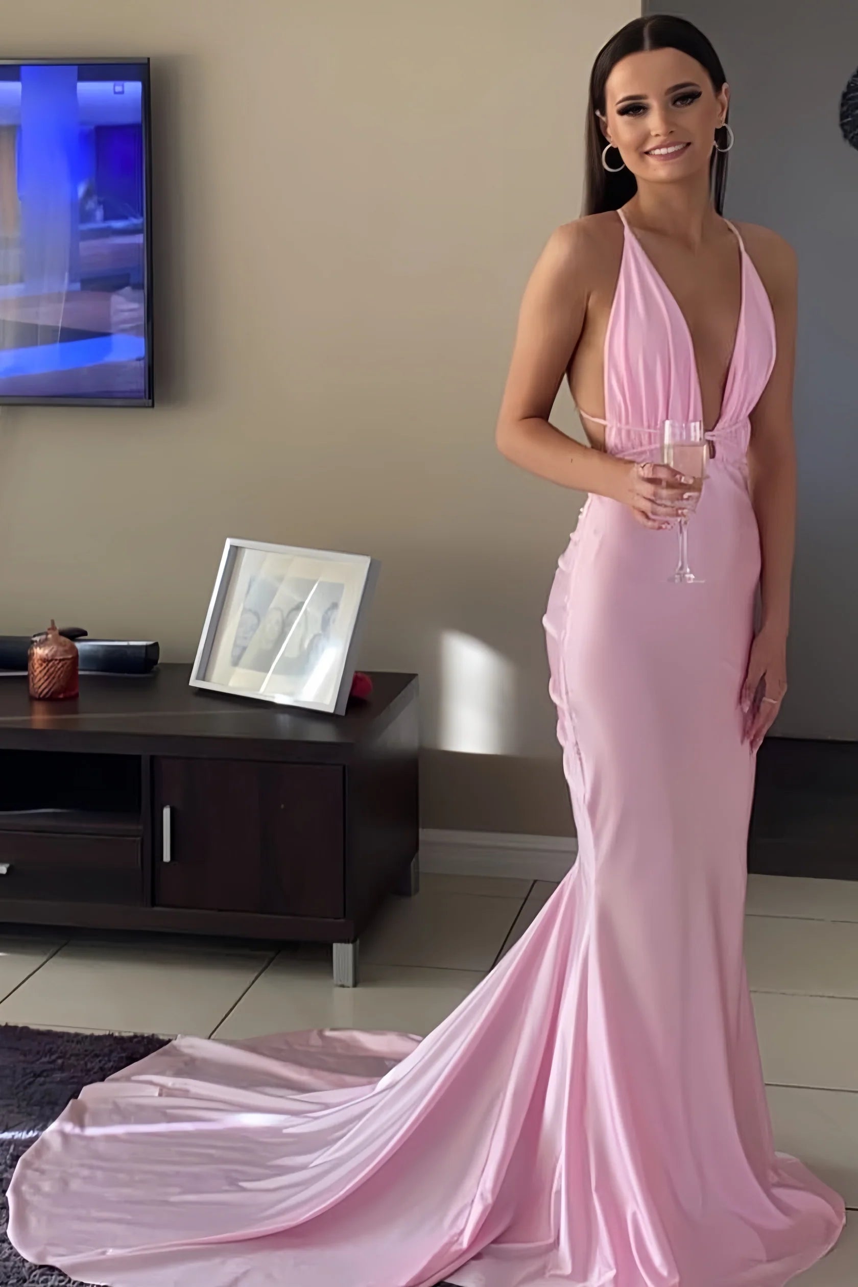 Stores With Prom Dresses Sexy Light Pink Deep V-Neck Mermaid Prom Dresses Sleeveless With Sweep Train Formal Wear Dresses